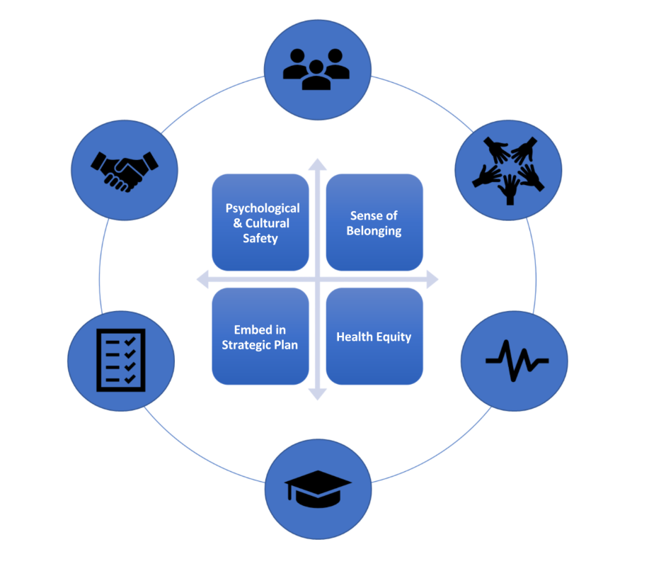 EIDA-R Strategic Framework Diagram showing pillars: Psychological & Cultural Safety, Sense of Belonging, Embed in Strategic Plan, Health Equity